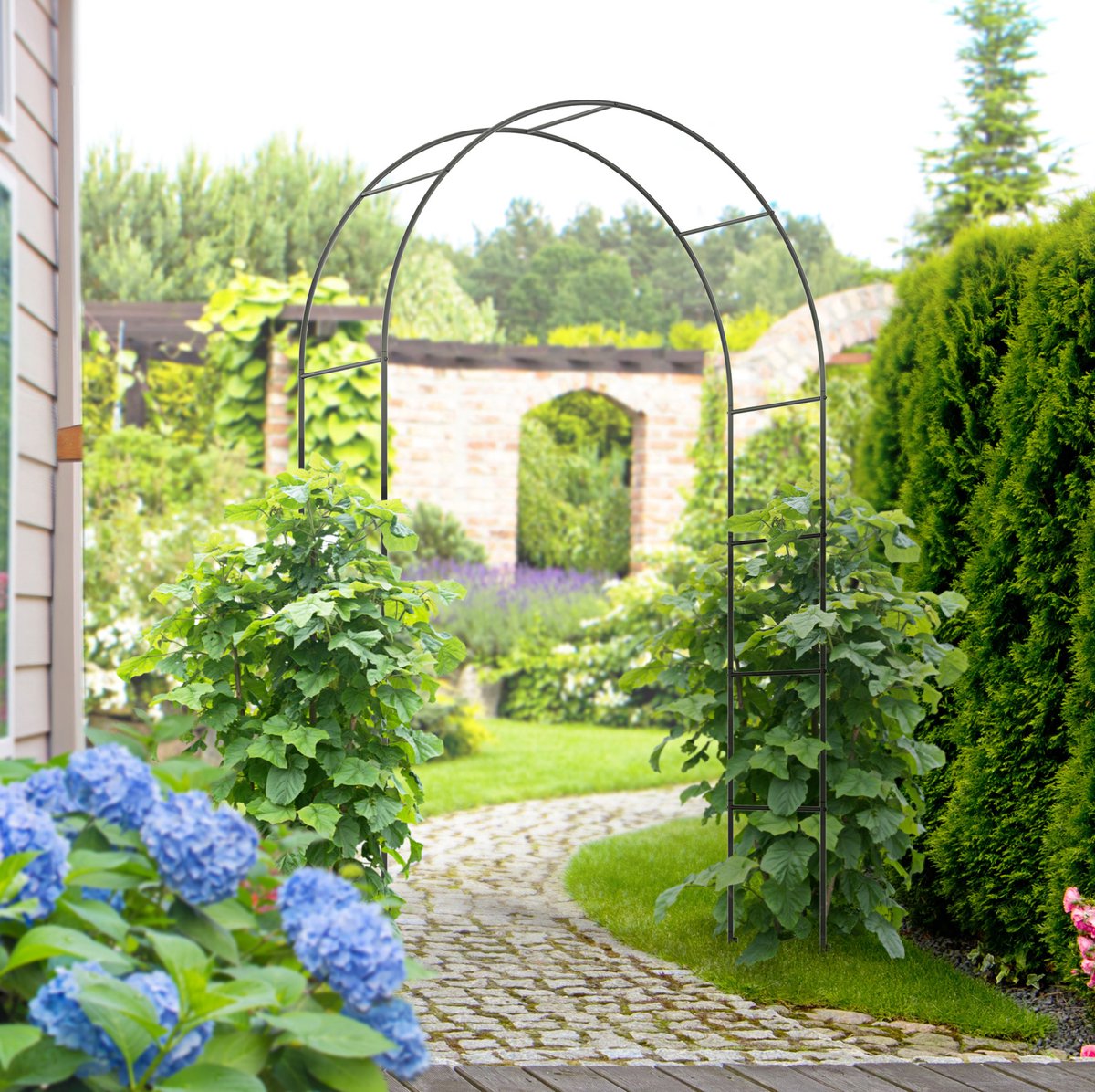 REDOM - Rozenboog - Metalen tuinboog voor klimplanten - Met 4 grondspiesen - Mat zwarte poedercoating - Voor tuiningang en evenementen - 140 x 40 x 240 cm