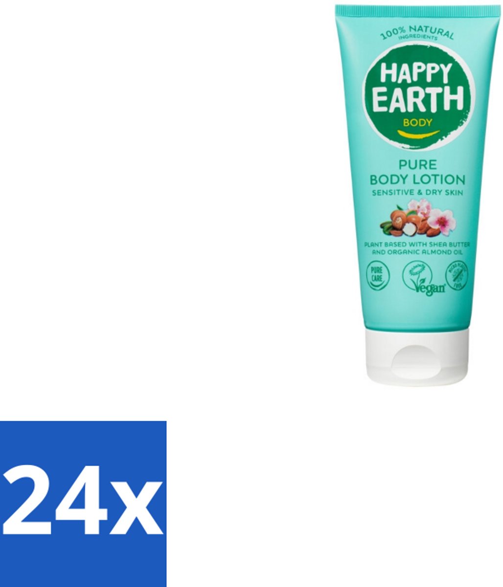 24 x Happy Earth – Bodylotion – 100% Natuurlijk – 200 ml - Natuurlijke Bodylotion - Vegan Bodylotion - Gezonde Huid - Droge Huid Verzorgen - Amandelolie