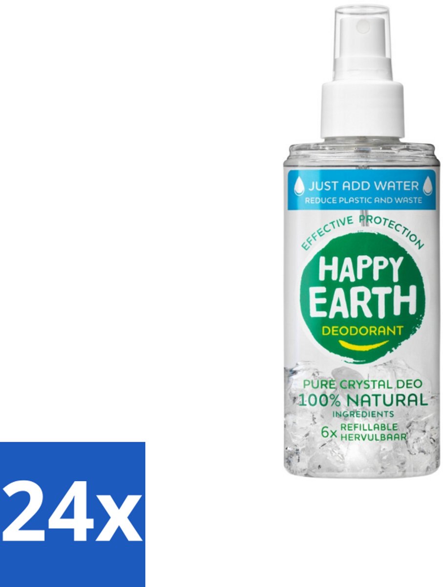 24 x Happy Earth – Deodorant Just-Add-Water Spray – 100% Natuurlijk Unscented – 100 ml - Natuurlijke Deodorant - Geurloze Deodorant - Aluinsteen Deodorant - Duurzame Deodorant - Waterdeodorant