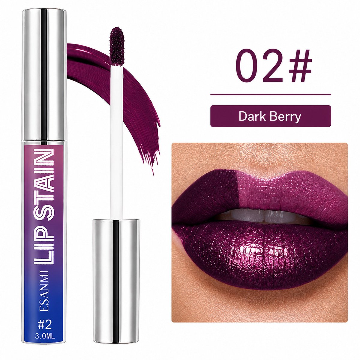 Lip Stain 02# Dark Berry – Matte & Shimmer Lipkleur, Langhoudend en Waterproof