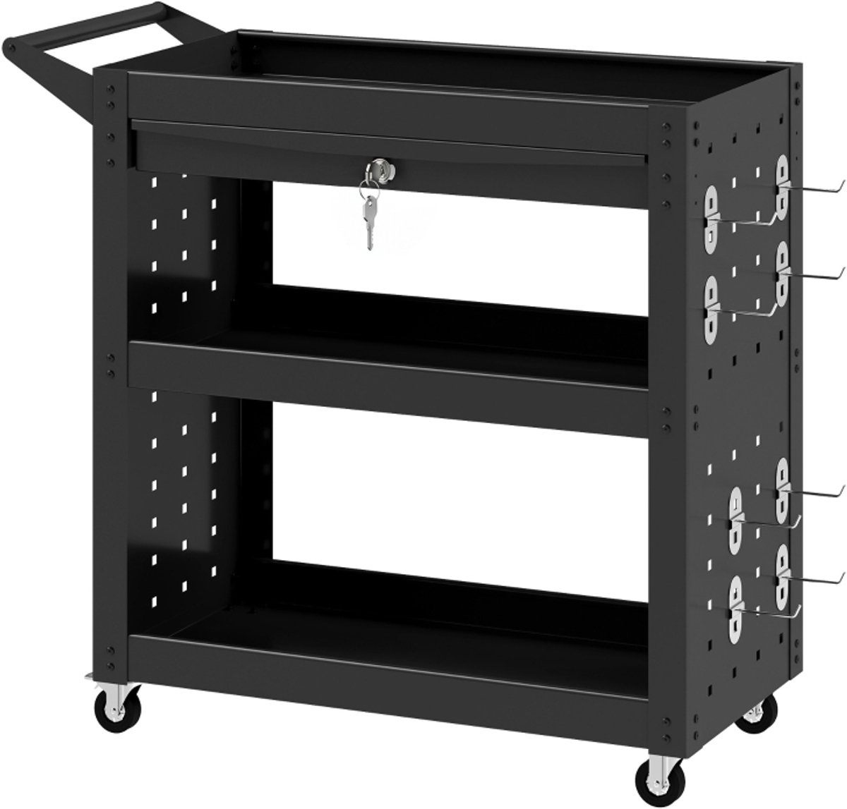 Gereedschapswagen 78 x 35 x 73 cm zwart metaal, werkplaatswagen, gereedschapstrolley, 3-laags mobiele opbergwagen, met lade, gatenbord, slot, 4 wielen, stabiel, voor garage, werkplaats