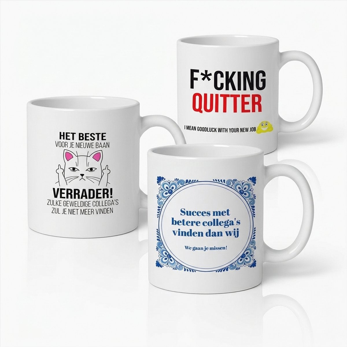 Bedruk King Afscheidsset - Set van 3 Grappige Afscheidsmokken 330 ml - Keramisch Cadeau voor Collega bij Vertrek, Laatste Werkdag of Nieuwe Baan - Drie Verschillende Ontwerpen