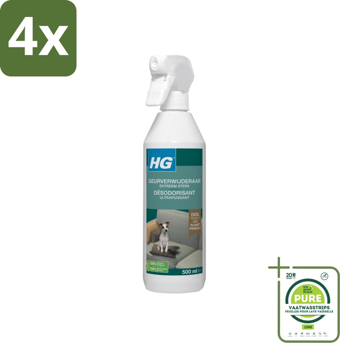 HG - Geurverwijderaar Hond Spray - Extreem Sterk - Werkt Binnen 30 Minuten - 100% Biologisch - 500 ml - Voordeelverpakking - 4 stuks - Geurverwijderaar hond - Hondengeur