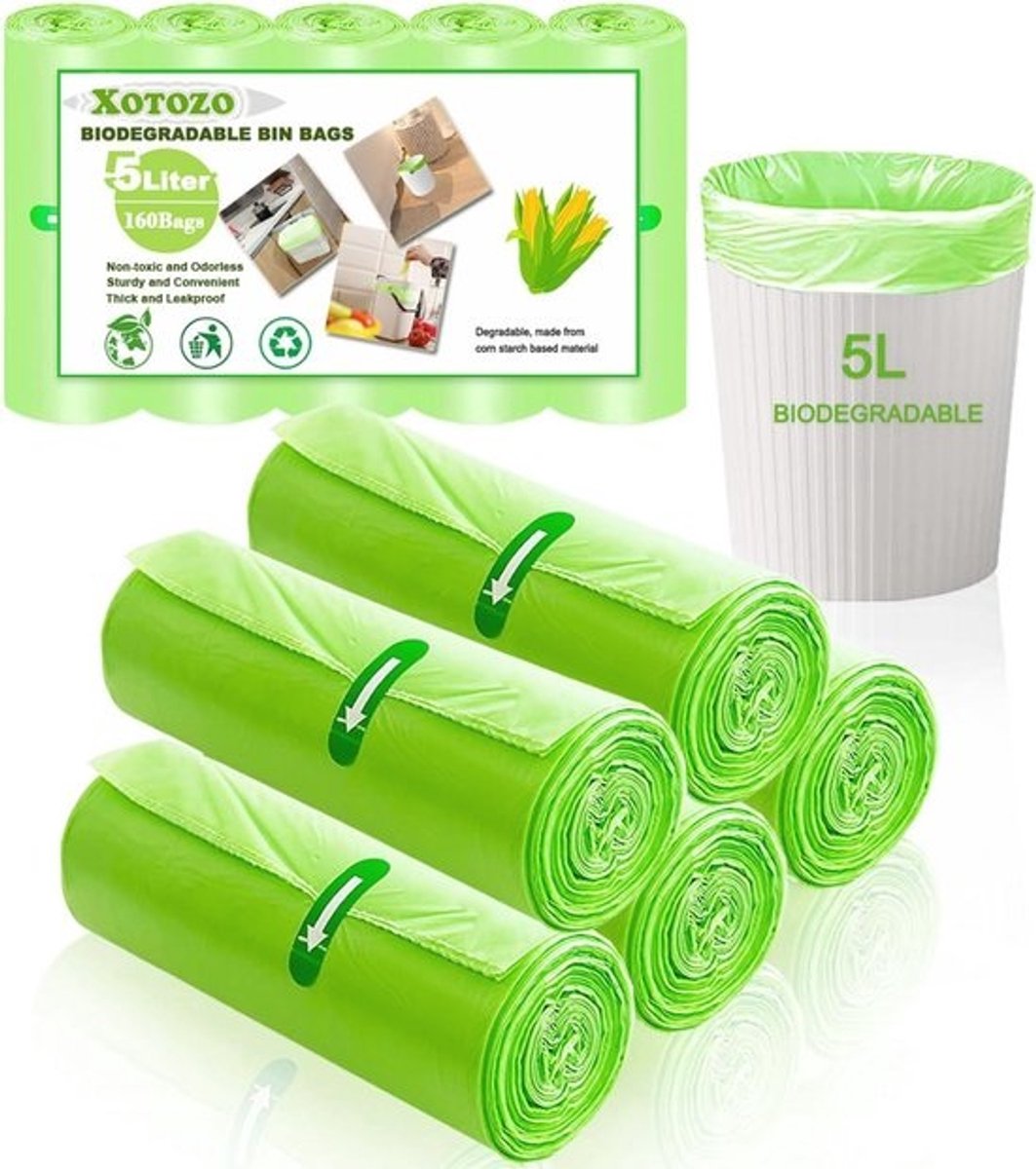 Biologisch afbreekbare 5 liter vuilniszakken voor voedselafval - sterke composteerbare zakken voor keuken, badkamer, tuin en kantoor