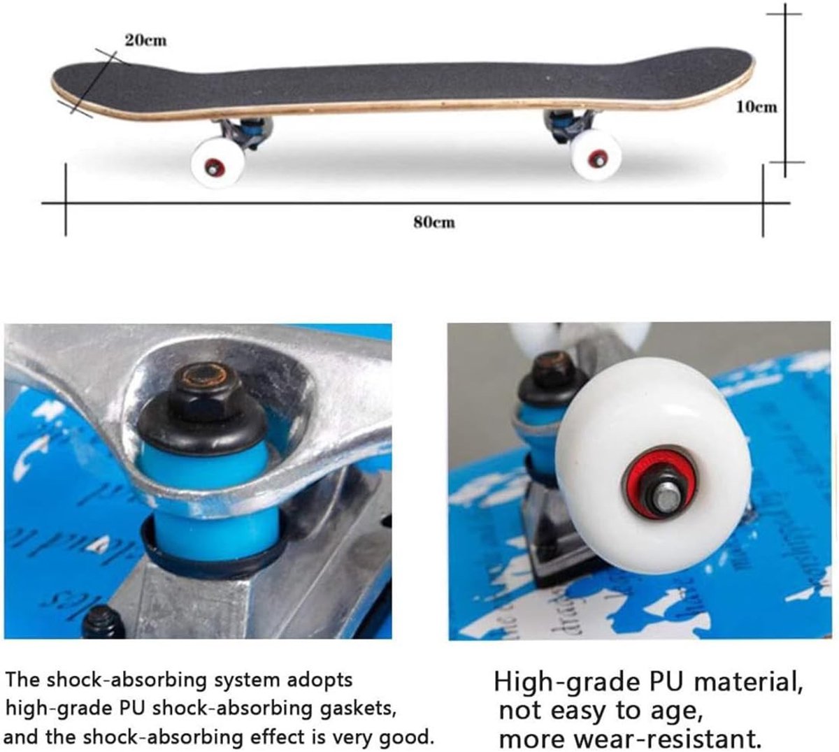 Elzusha- Skateboard voor Beginners - 7 Lagen Esdoornhout - 80 x 20 cm - PU-wielen 55 mm - Geschikt voor Kinderen/Volwassenen - Max. Draagkracht 100 kg - Skateboardset