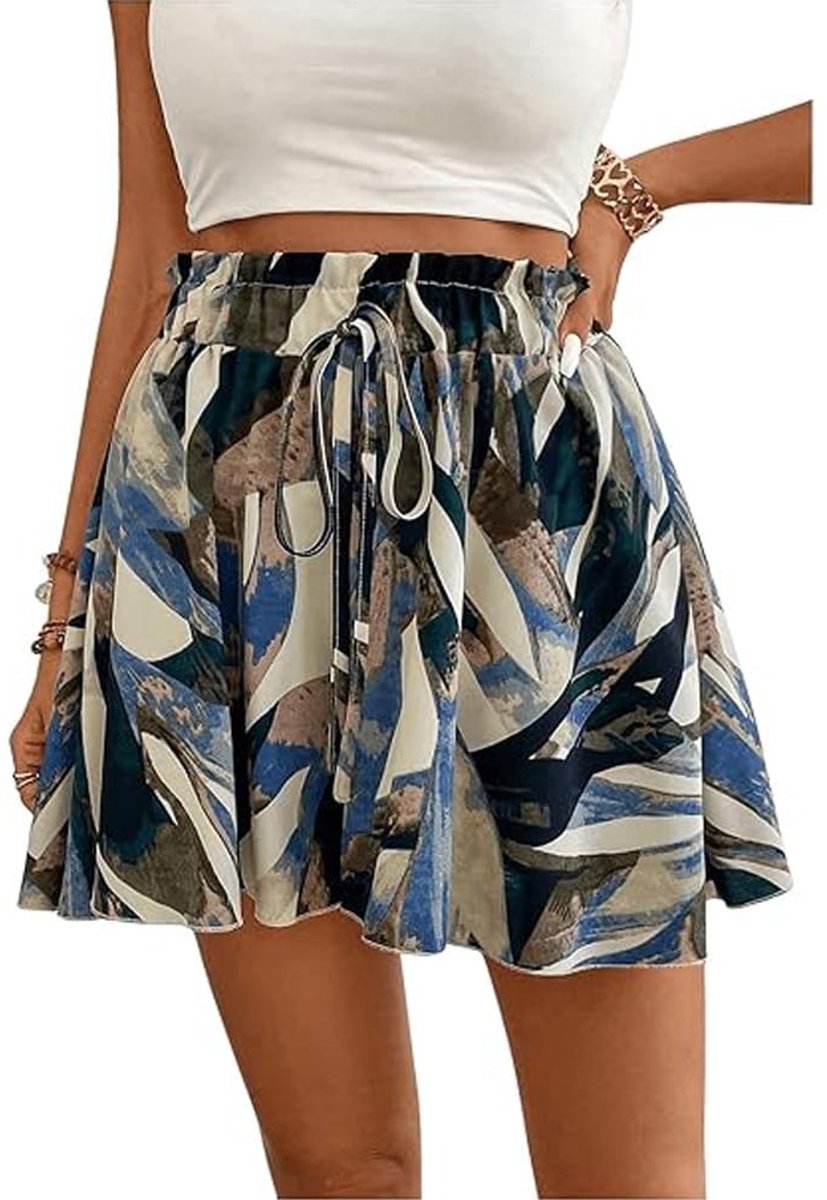 Elzusha - Damesrok met Abstracte Print en Ruches - Blauw