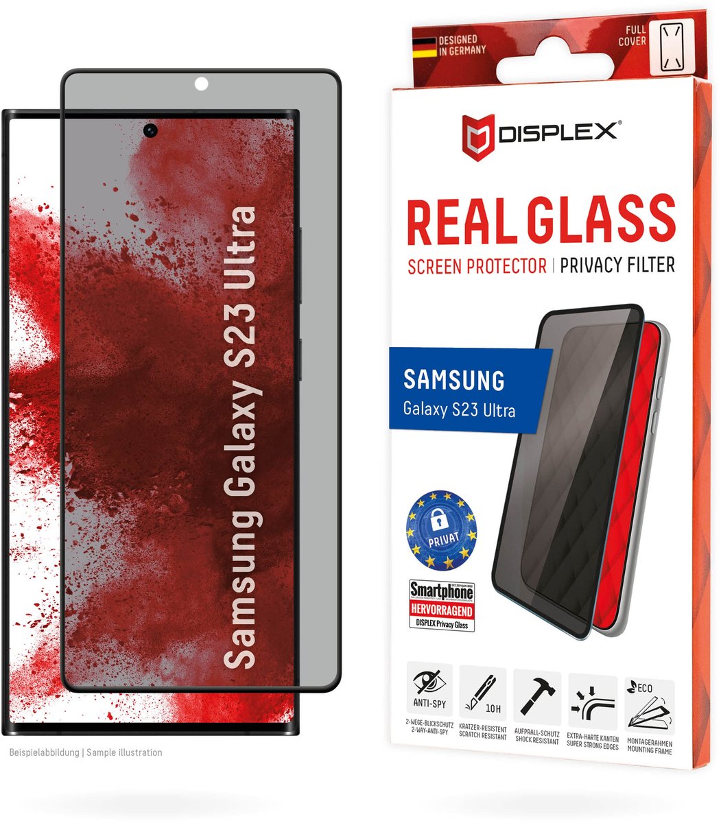 Displex Real Glass voor Samsung Galaxy23 Ultra, hard pantserglas (10H), ecologisch montageframe, krasbestendig gehard - ShopVlot