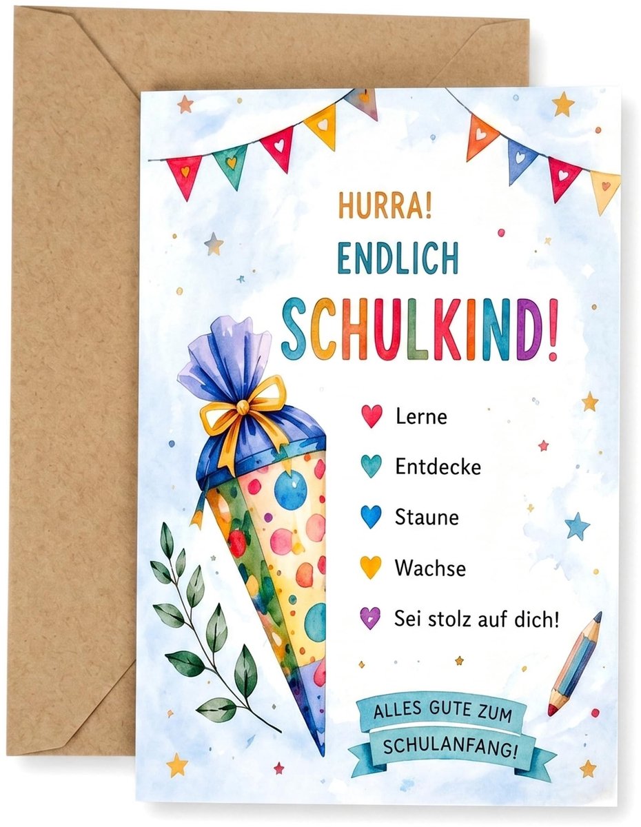 Elzusha - Schoolkaart voor Eerste Schooldag met Envelop (Blauw)