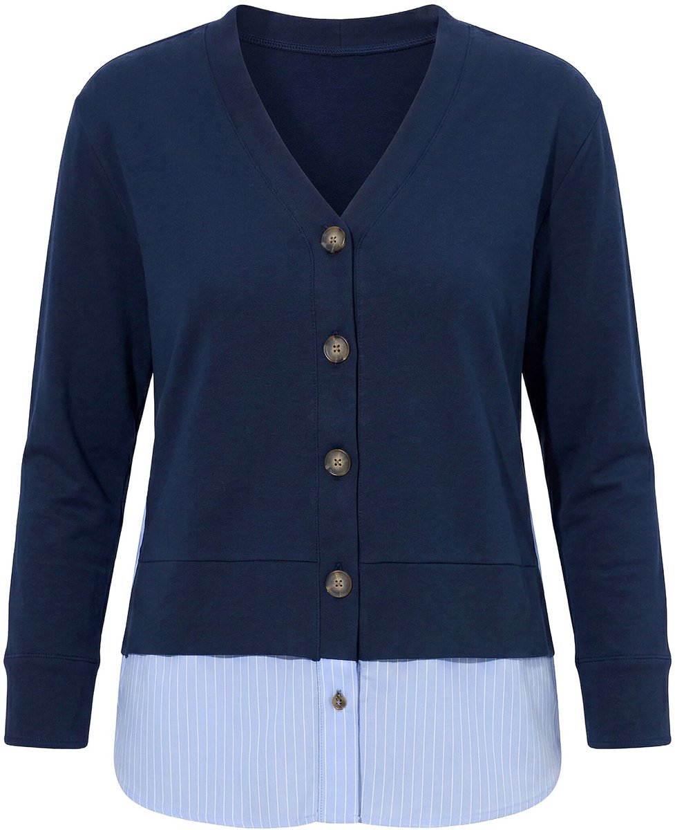 Ulla Popken - Dames - Sweatvest 2-in-1 look V-hals biologisch katoen - Marine - Maat 50+