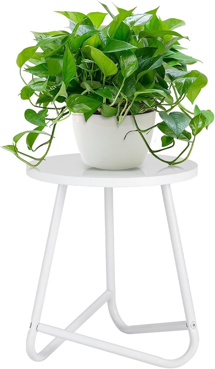 Ronde Plantstand van Hout en Metaal, Moderne Bloemrekken voor Woonkamer, Balkon en Kantoor (Wit, 35cm) - Perfect voor Binnenplanten en Decoratie