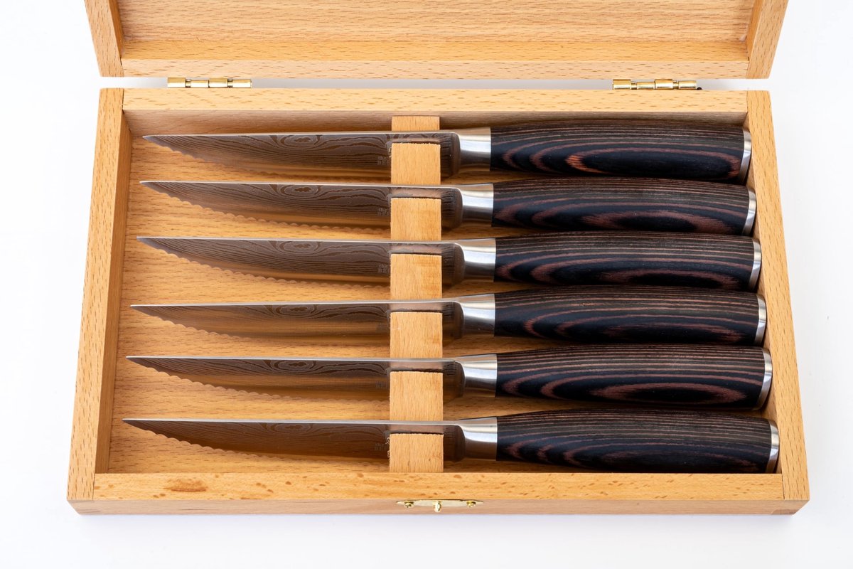 Elzusha - Set van 6 Professionele Steakmessen met Houten Handvat