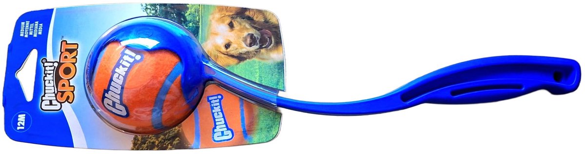 Chuckit - Bal met werpstok klein - Speelgoed voor dieren - medium - 7 cm - Oranje met blauw - Honden bal - Speelbal hond - Speelgoed hond