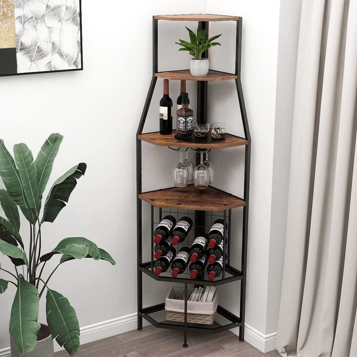 5-laags Hoekwijnrek met Glashouder en Wijnopslag voor Keuken, Bar en Eetkamer - Vintage Bruin en Zwart Wijnmeubel