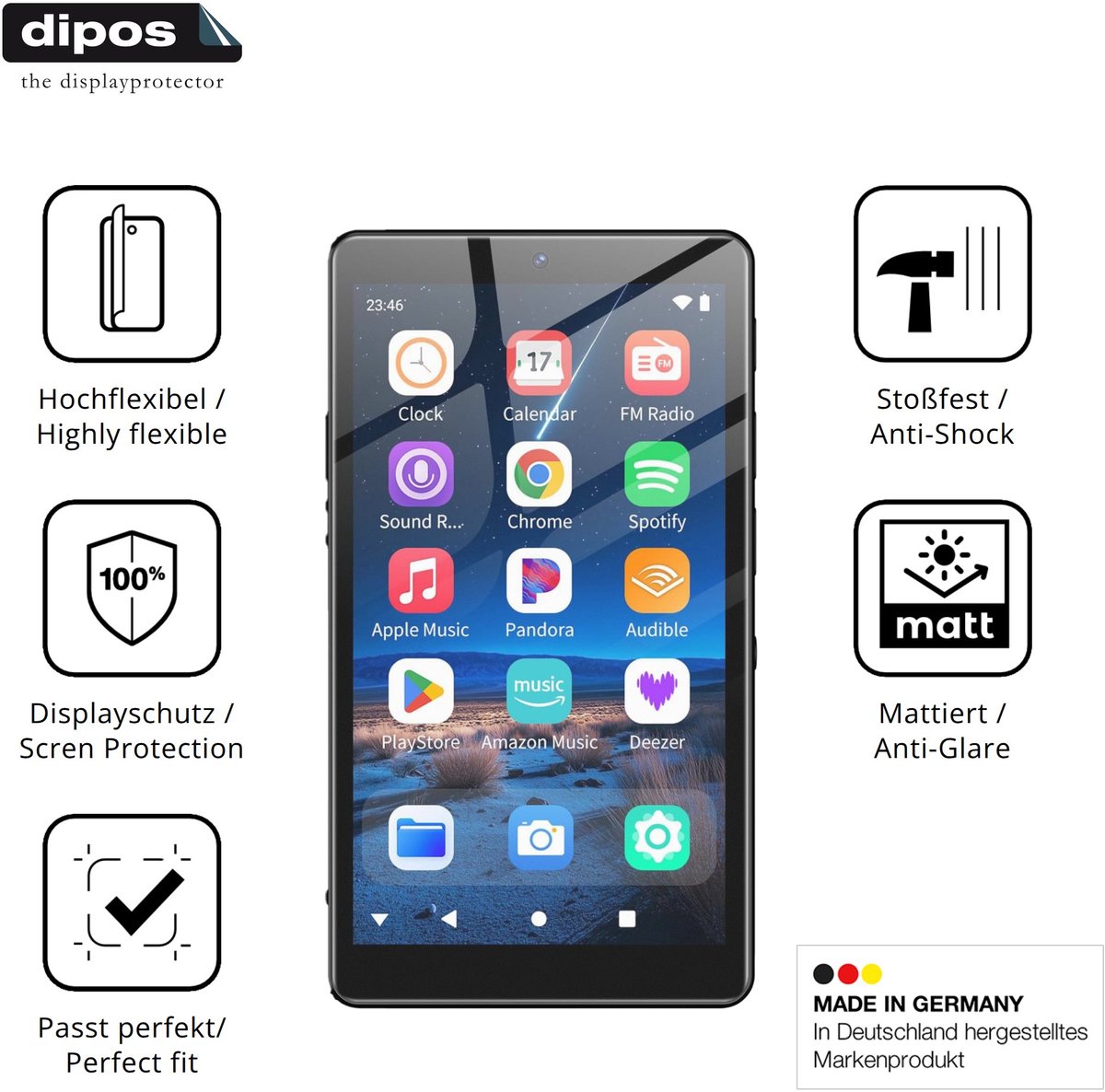 dipos FLEX – 2x Matte Screenprotector geschikt voor Oilsky M305 MP3-Player | Volledige Schermbescherming | Case-Friendly
