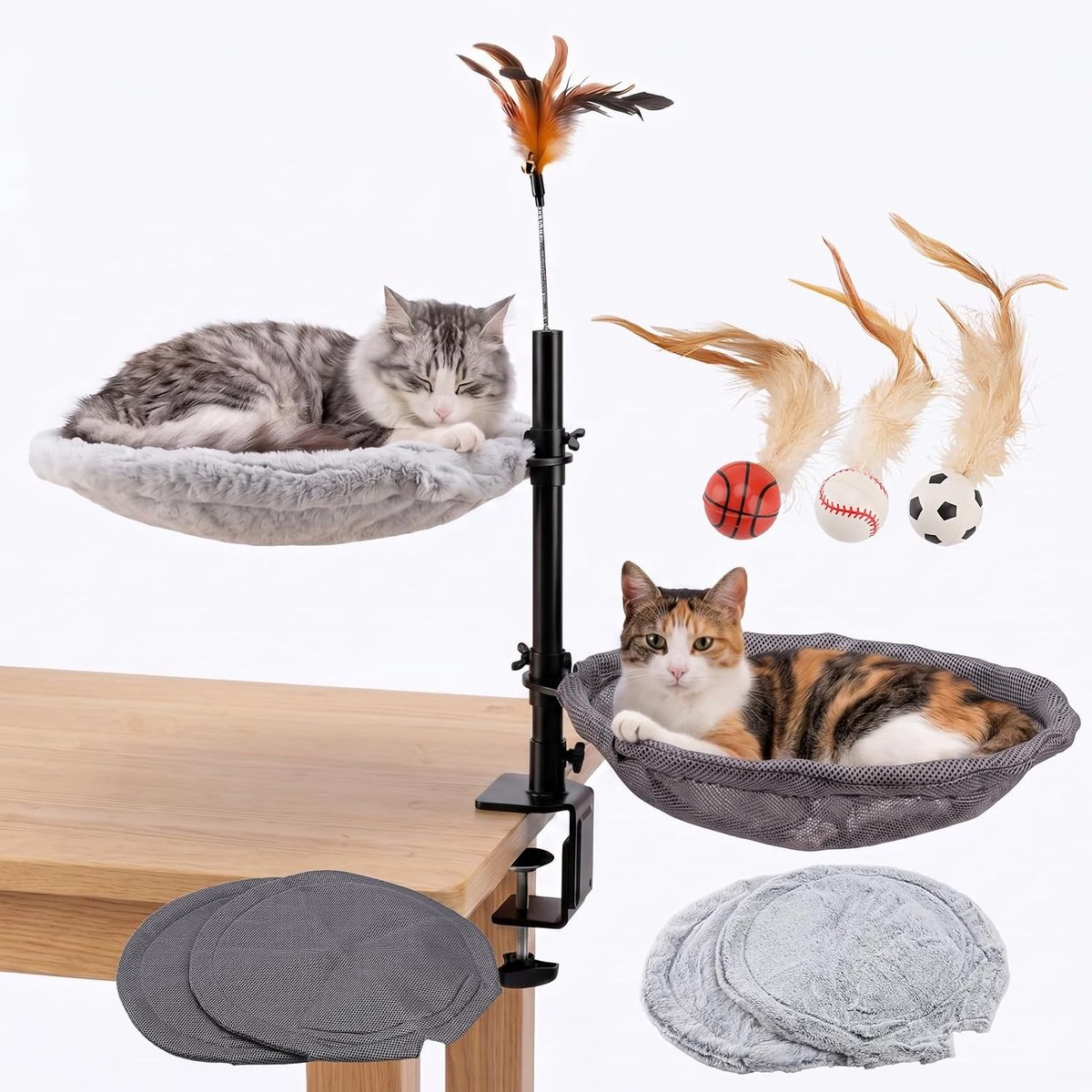 Dubbel kattenbureaubed, 360° draaibaar en in hoogte verstelbaar, 4 stuks, kattenmatten voor thuis en kantoor, geschikt voor kleine huisdieren tot 20 kg