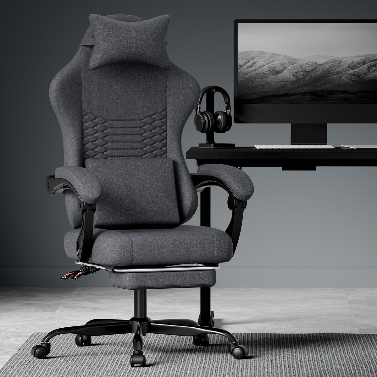 Wishdor Gamingstoel - Ergonomisch - Hoofdsteun en voetsteun - Verstelbare armleuningen - Zwart - 64 x 68 x 124 cm