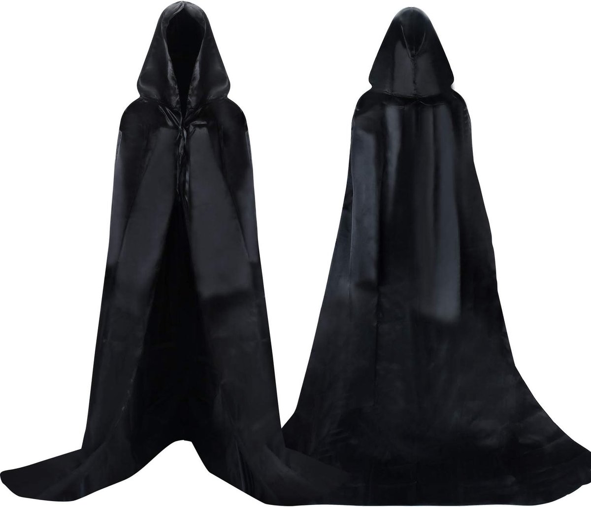Unisex Lange Satijnen Cape met Kap voor Halloween, Grim Reaper en Vampier Kostuum, Zwart