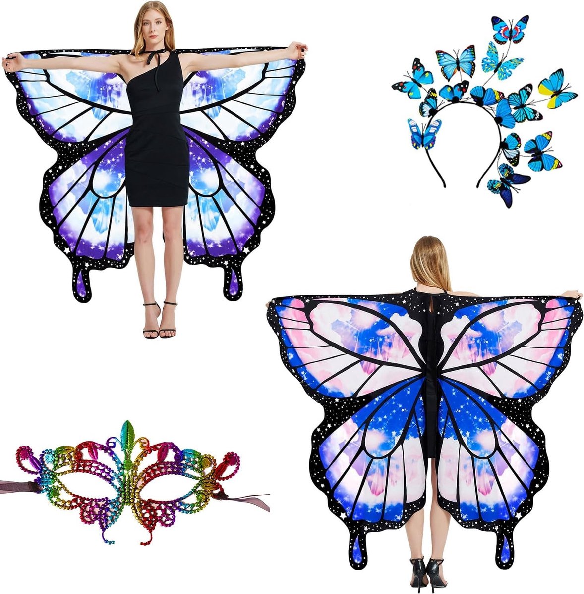 Dubbelzijdige vlinder vleugels voor volwassenen, feërieke kostuums voor Halloween en themafeesten, vlindercape set