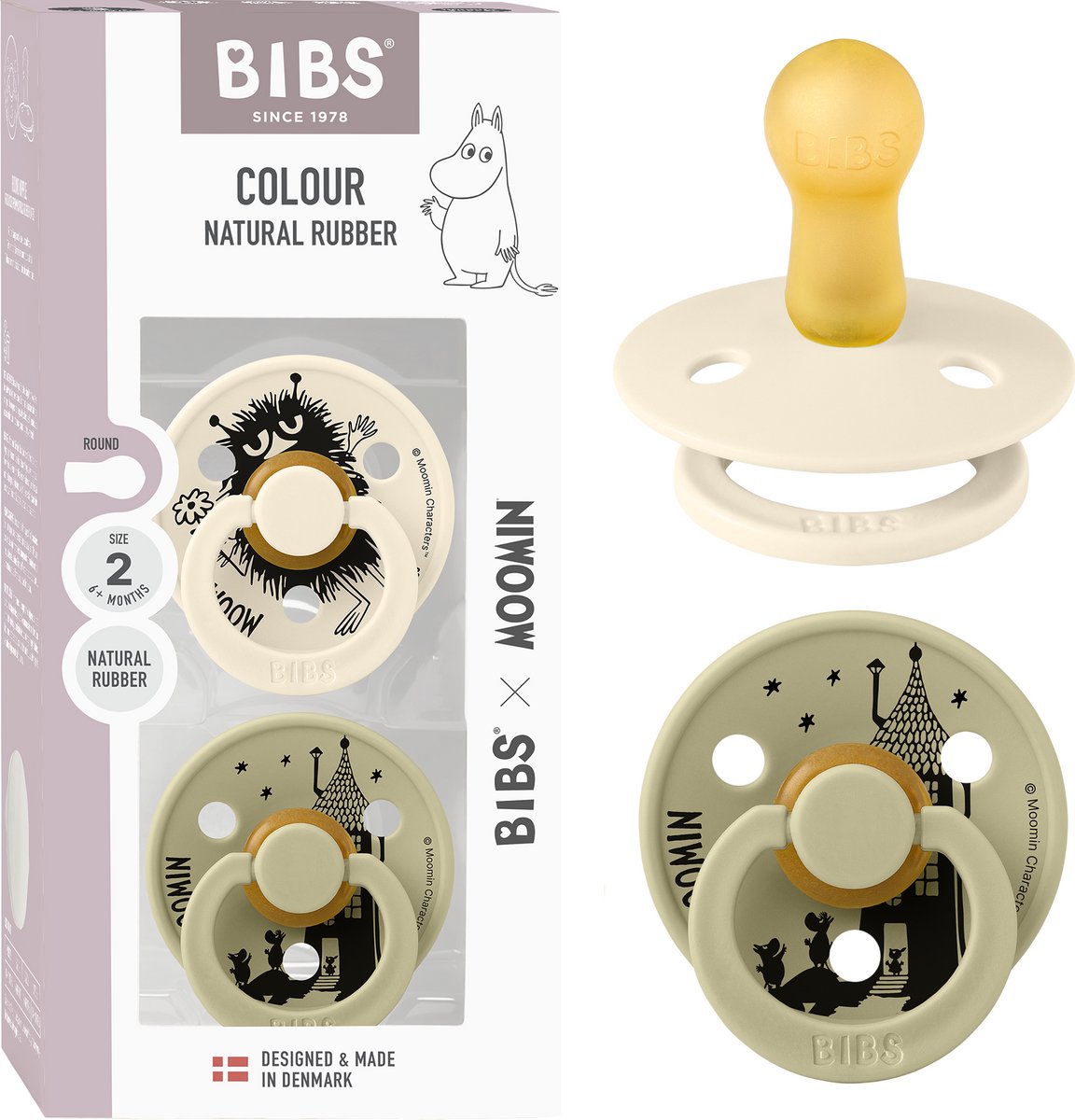 Moomin x BIBS Colour Fopspeen - 6-18 mnd - 2-pack - Rond - Ivory/Khaki