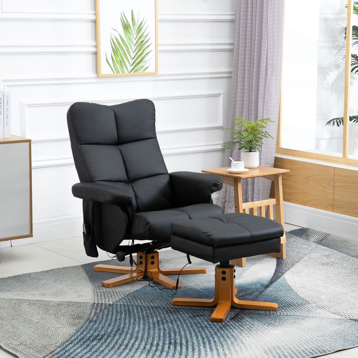 REDOM - Massagestoel - 10 massagepunten - 145° verstelbaar en 360° draaibaar - Met voetenbank - Moderne stijl - Polyester en hout - Zwart - 80 x 86 x 99 cm