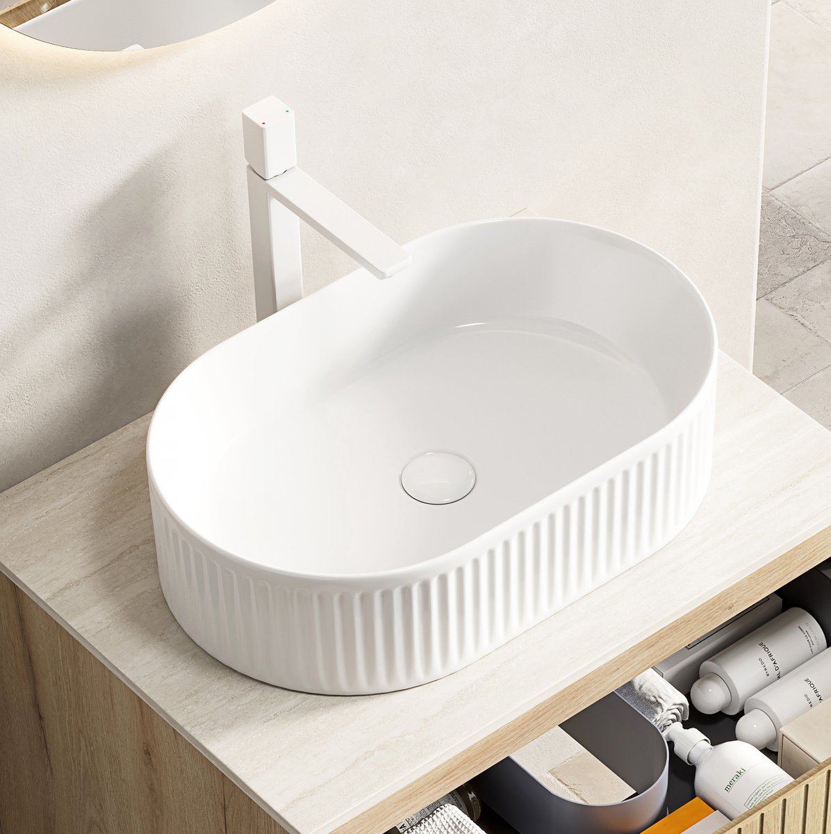 OKWISH Waskom - Ovale Opzetwastafel Met Gestreepte Buitenzijde En Kraangat - Voor Badkamer - Keramiek Wit - 61 x 43 x 25 cm