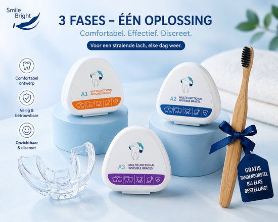 Drie witte doosjes genummerd A1, A2, A3 met de tekst 'MULTIFUNCTIONAL INVISIBLE BRACES' en een transparante beugel. Een gratis tandenborstel met blauwe strik wordt getoond.