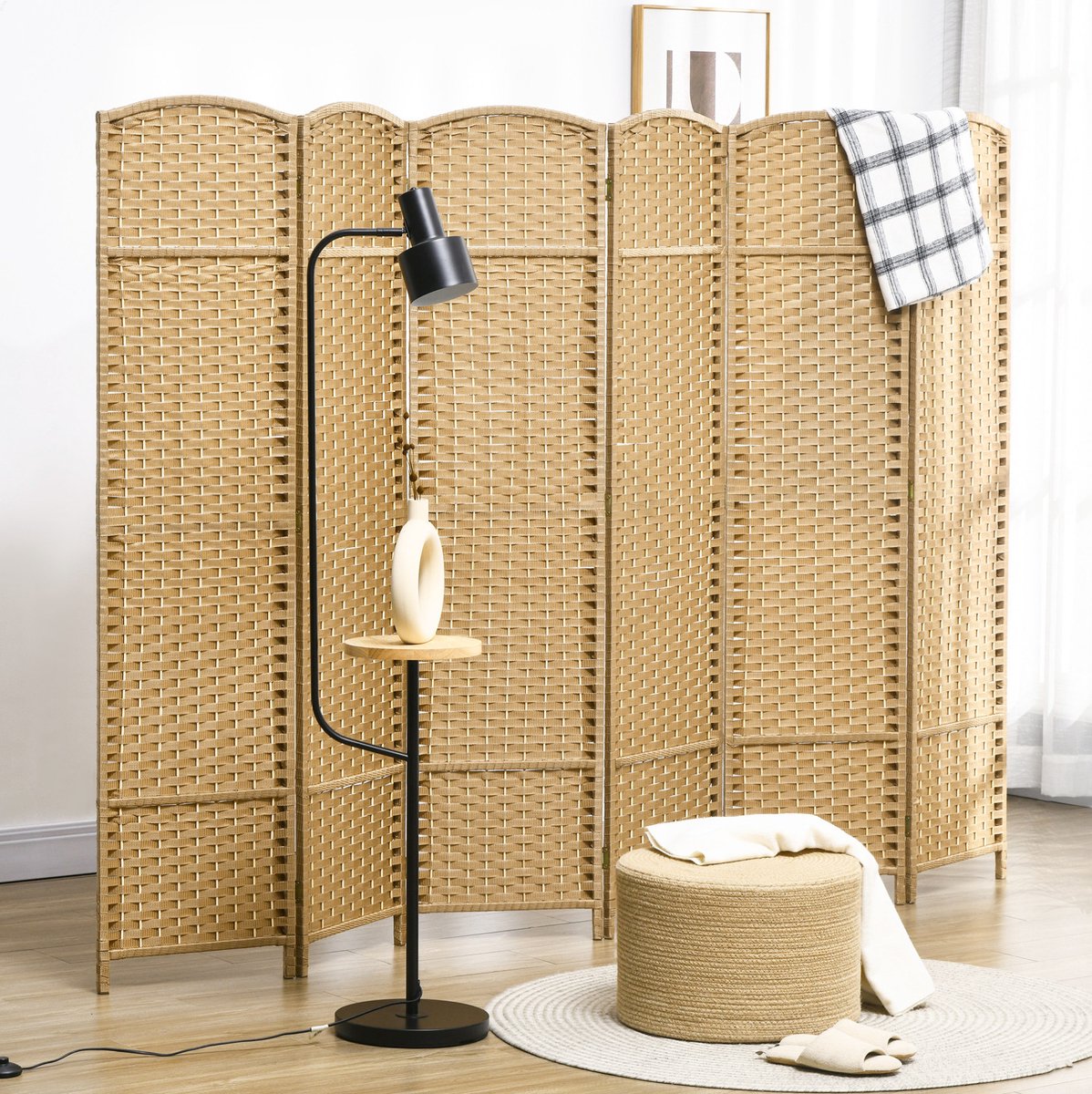 REDOM - Kamerscherm - 6-panelen - Opvouwbare ruimteverdeler - Privacyscherm - Geweven patroon - Hout en kunststof - Natuurlijk hout - 240 x 170 cm