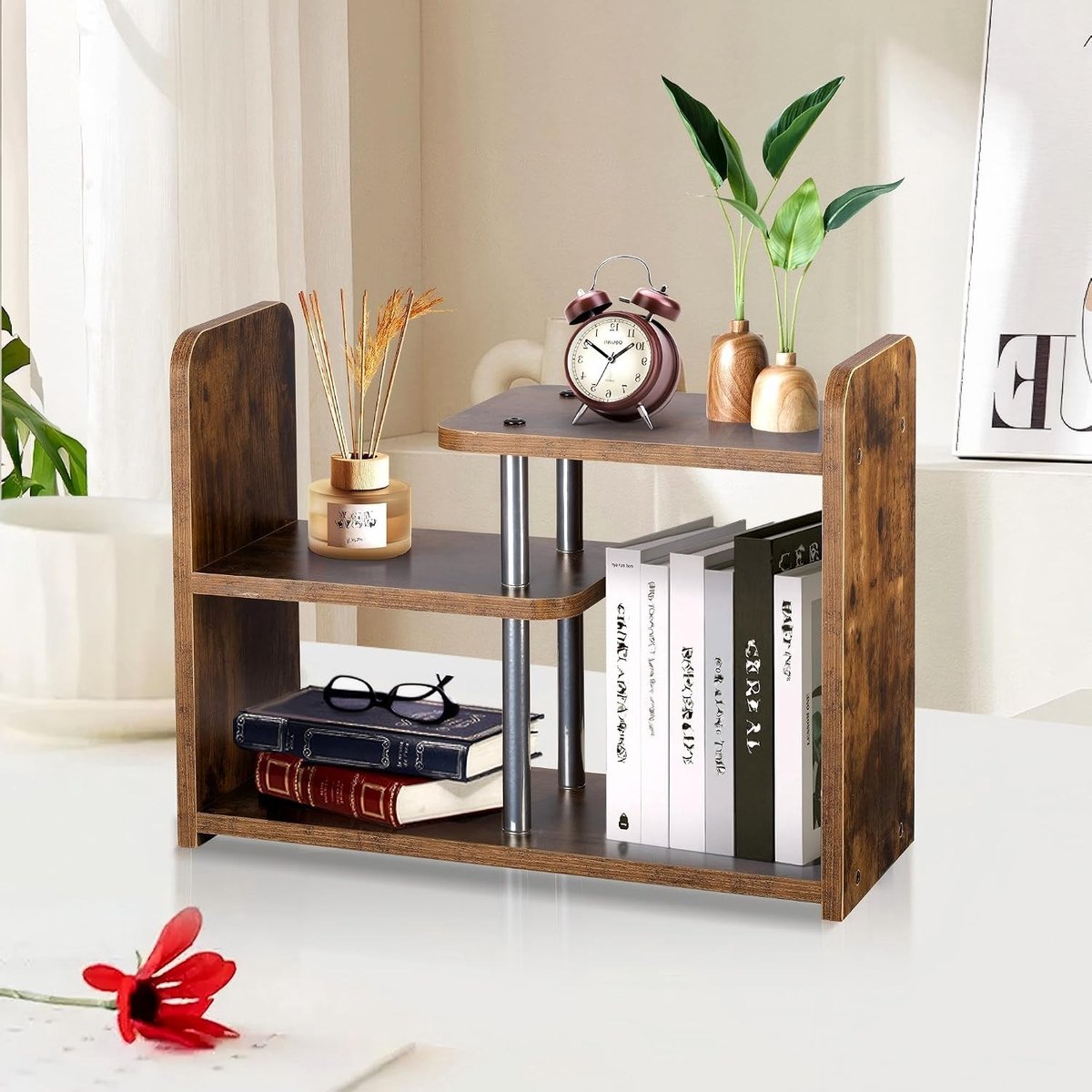 Houten bureau-plank organizer voor tafelbladen en boekenkasten, Bruin 40 × 30 × 16 cm, multifunctioneel en stijlvol