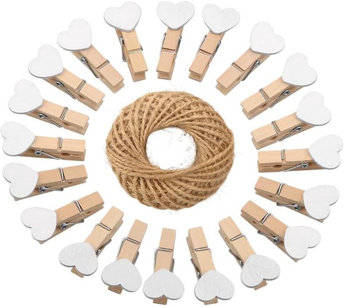 SSTRWGOOD 100 Stuks Fotohouders met Clips - Houten Fotoklemmen - 30 m Jutesnoer Inbegrepen - Geschikt voor Fotowand, Kaarten en DIY-decoraties - Witte Mini-Klemmen van Hout