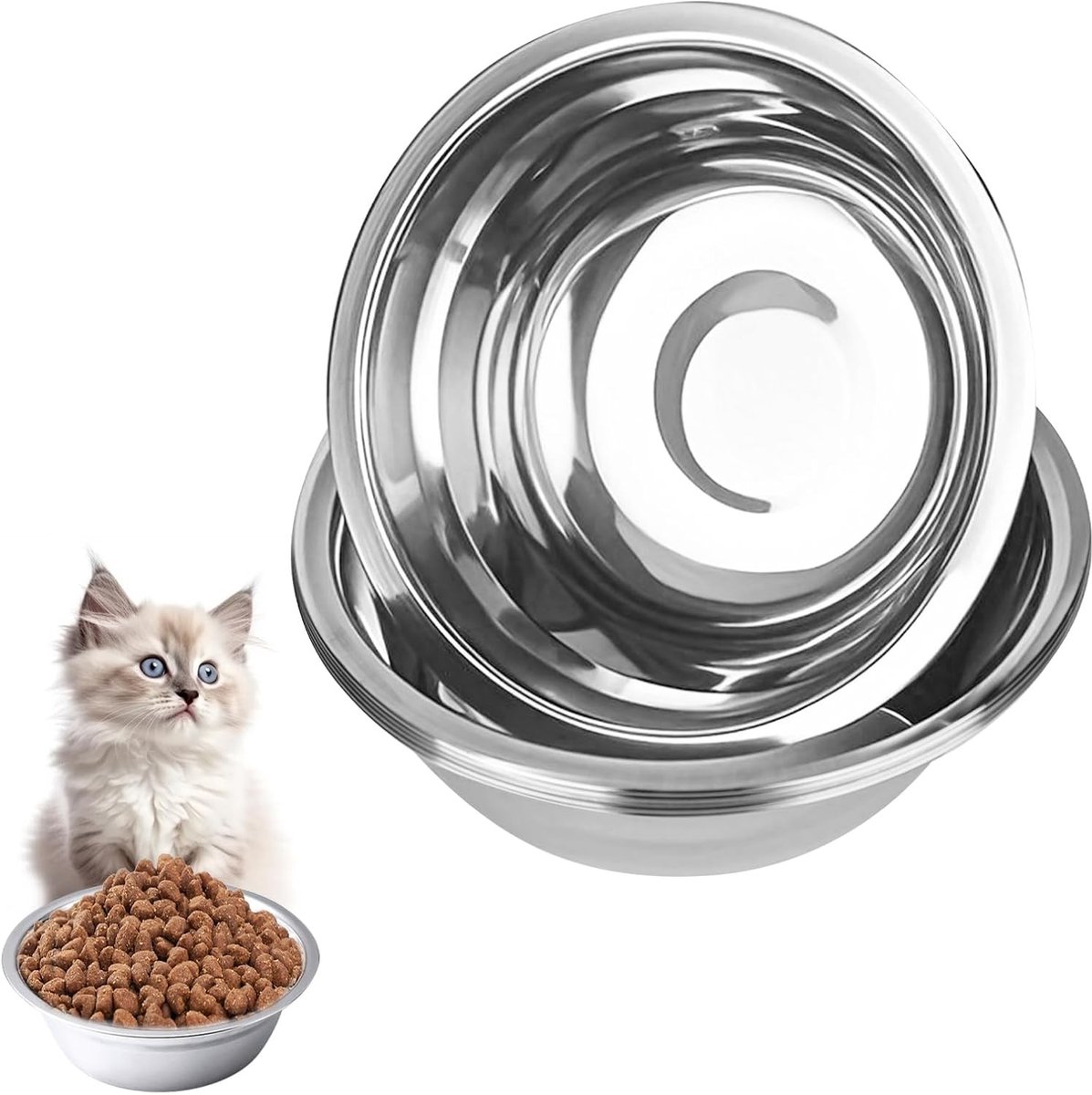 Ronde Rvs Kattenbakjes 14cm - Antislip Voer- en Drinkbakjes voor Kleine Katten, Duurzaam en Makkelijk Schoon te Maken
