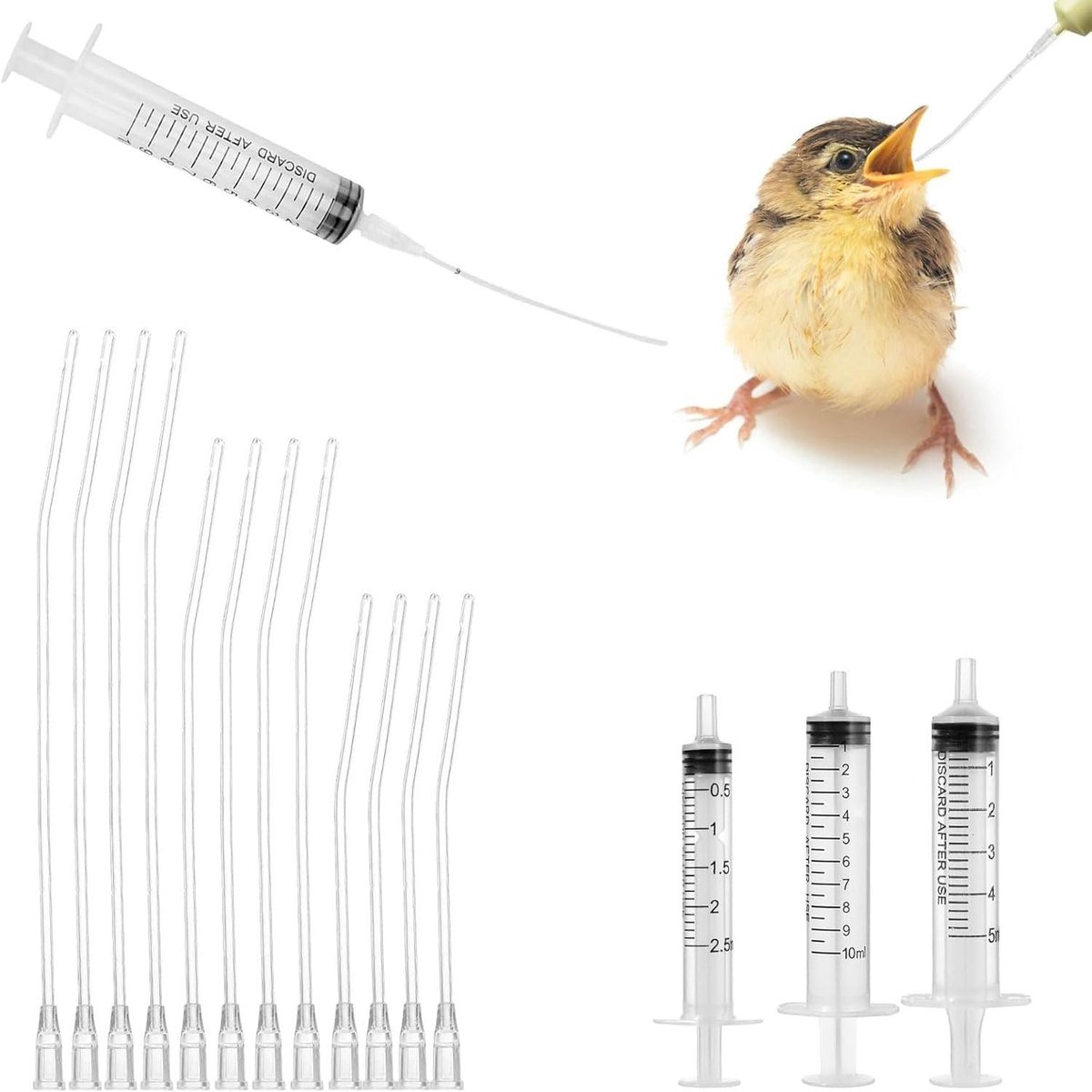 Set van 15 vogelvoederhulpstukken met spuiten (0.1, 0.2, 10ml) voor het voeren van jonge vogels, papegaaien en duiven - eenvoudig schoon te maken, ideaal voor melk en water