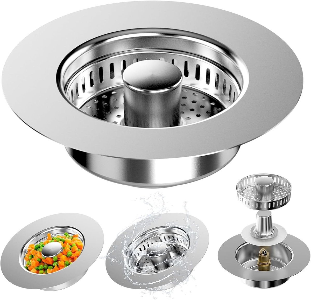 3-in-1 Pop Up Afvoerstopper voor Keukens, RVS Afvoerzeef, Geschikt voor Gaten van 75-87mm, Diepte > 37mm, Ideaal voor Eenvoudige Afvoer en Huishoudelijk Gebruik