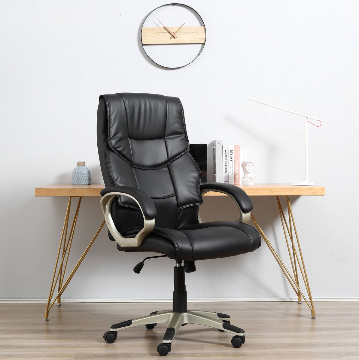 REDOM - Bureaustoel - Hoogteverstelbaar en 360° draaibaar - Met wielen en wippfunctie - Ergonomische stijl - Kantoor - Kunstleer en metaal - Zwart - 70 x 58 x 114-124 cm