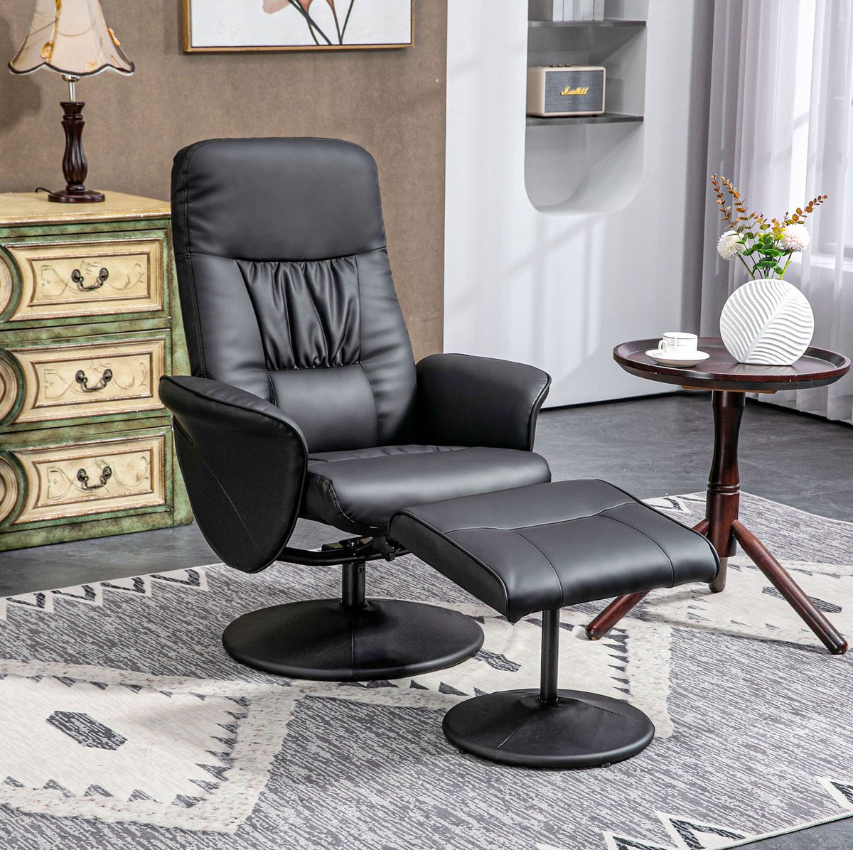 REDOM - Relaxfauteuil met hocker - Verstelbare rugleuning tot 145° - Draaibare voet - Kunstleer - Zwart - 76 x 81 x 101 cm