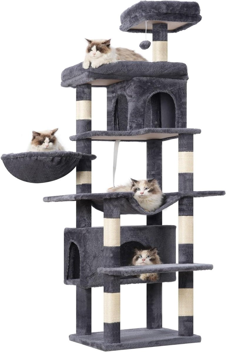 Krabpaal Katten - Klimtoren Speeltoestel - Binnenkatten Vermaak - 8 Krabpalen Sisaltouw - 178 cm Hoog - Rookgrijs