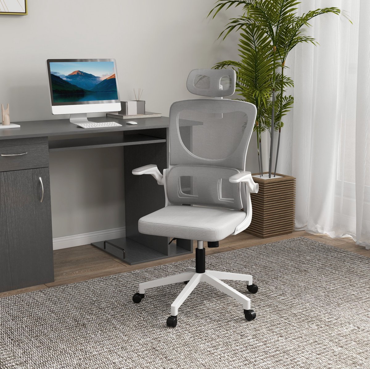 REDOM - Ergonomische bureaustoel - Verstelbare zithoogte 45-53 cm - Wippfunctie - Met hoofdsteun en lendensteun - Mesh - Grijs - 60 x 59 x 114-122 cm