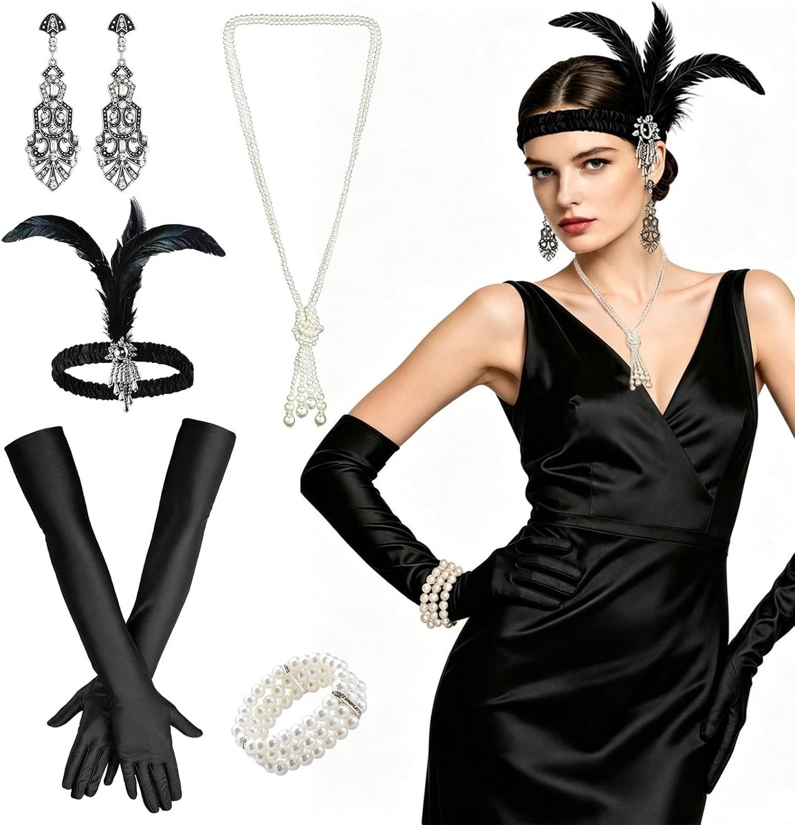1920s kostuumaccessoires voor vrouwen, set van 5, flapper jurk, carnaval outfit, vintage stijl, veren boa, zwart, feestkleding voor themafeesten