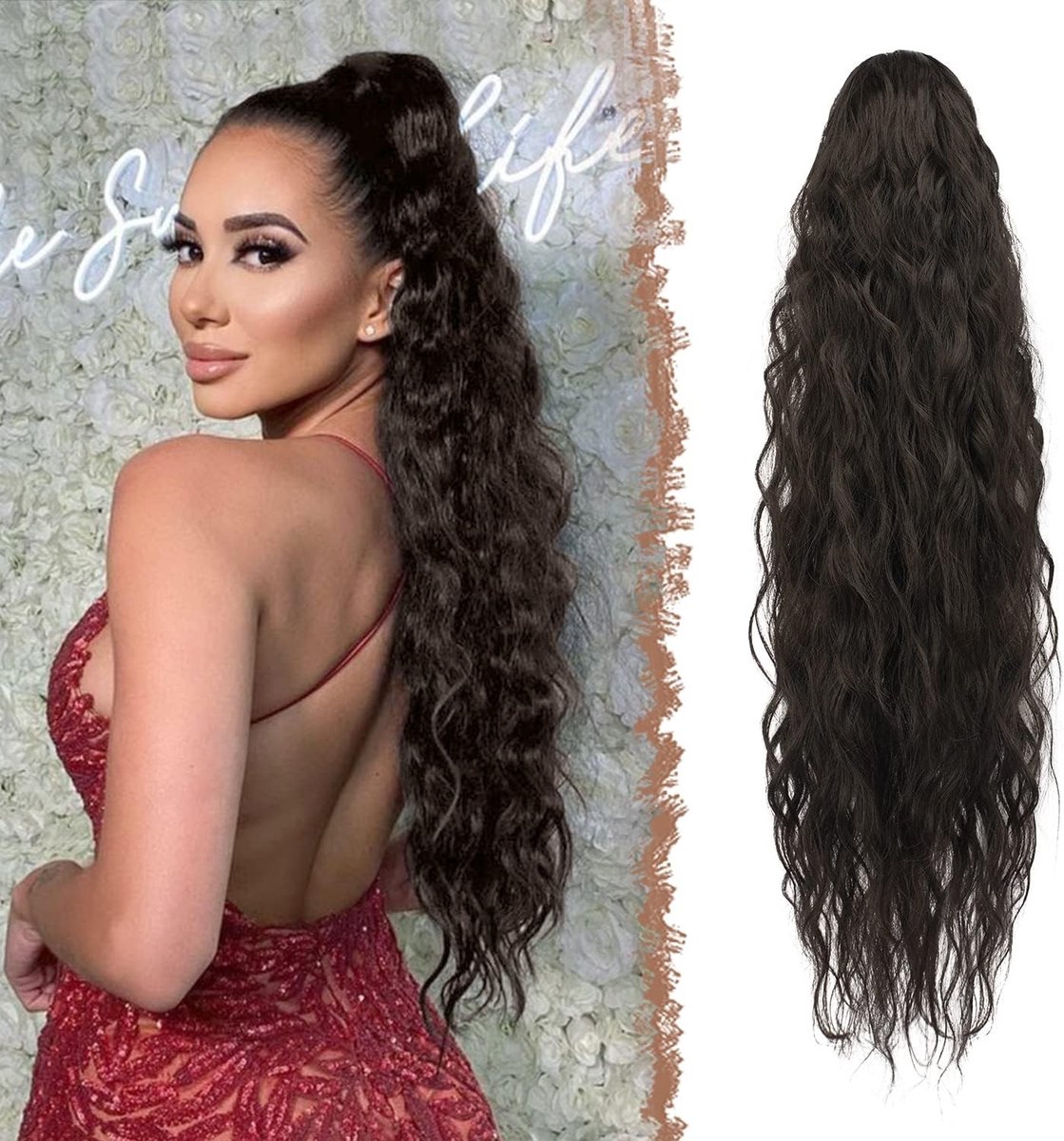 Lange natuurlijke zwarte ponytail extensions van synthetisch haar, krullend en golvend, 65 cm lang