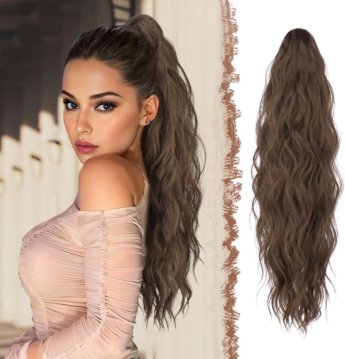 Lange Golvende Ponytail Extensions met Klem - Synthetische Haarstukken voor Vrouwen in Maroon, 63 cm, Perfect voor Diverse Stijlen en Gelegenheden