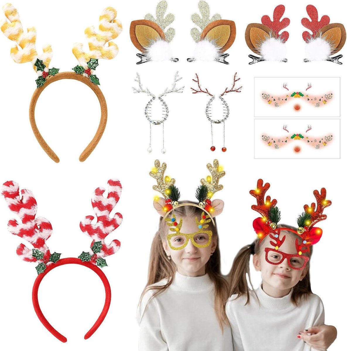 Feestelijke rendier haarbanden met verlichting - 2x kerst haarbanden voor kinderen en volwassenen, perfect voor kerstfeest en kostuums