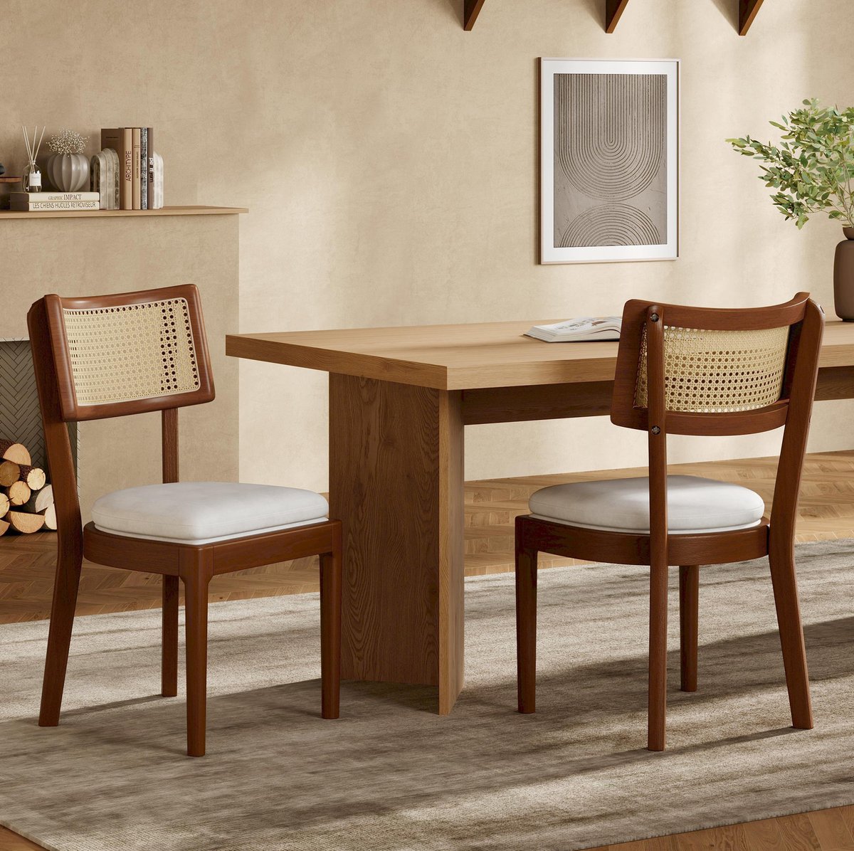 Wishdor Eetkamerstoelen set van 2 - Rotan rugleuning - Gestoffeerde zitting - Moderne stijl - Eetkamer woonkamer café - Hout en linnen - Walnootkleur - 50 x 58 x 88 cm