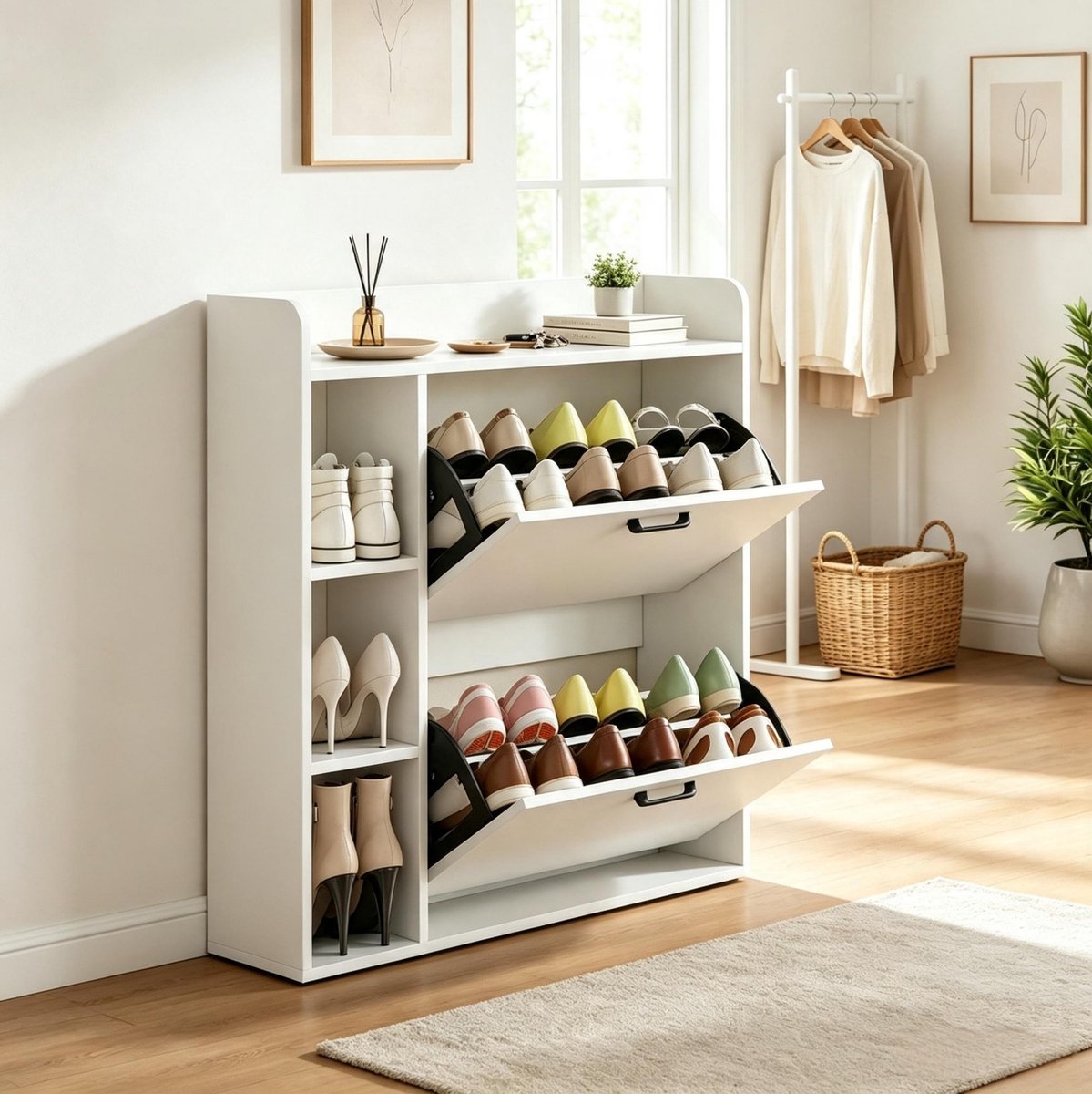OKWISH Schoenenkast – Wit – 2 Opklapbare Schoenvakken – Met Open Vakjes En Bovenblad – Smal Ontwerp Voor Hal – Spaanplaat – 83 x 24 x 90,5 cm