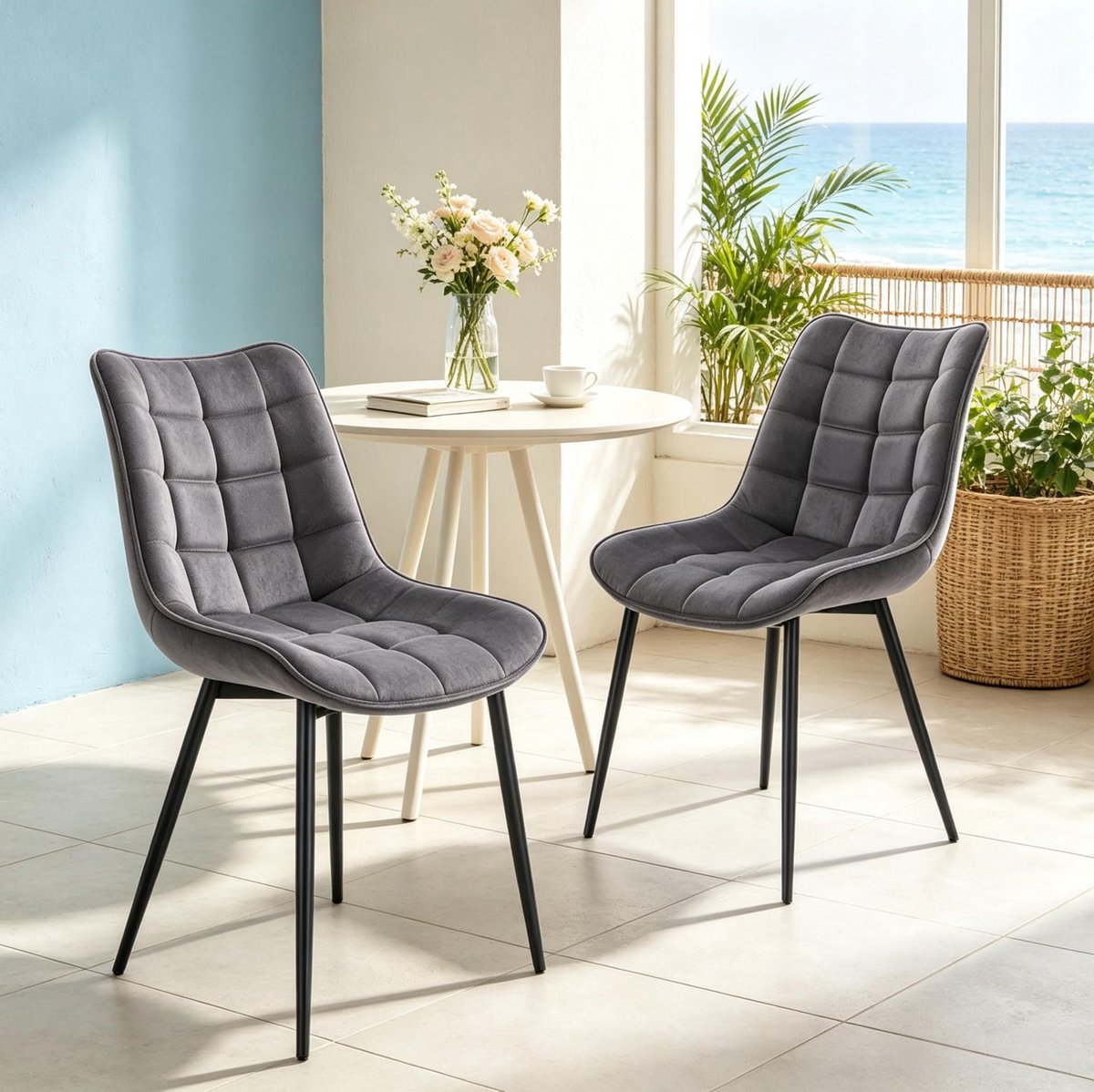COVREO Eetkamerstoel 46 x 39 x 85,5 cm donkergrijs velvet - set van 2 - metalen poten - belastbaar tot 100 kg