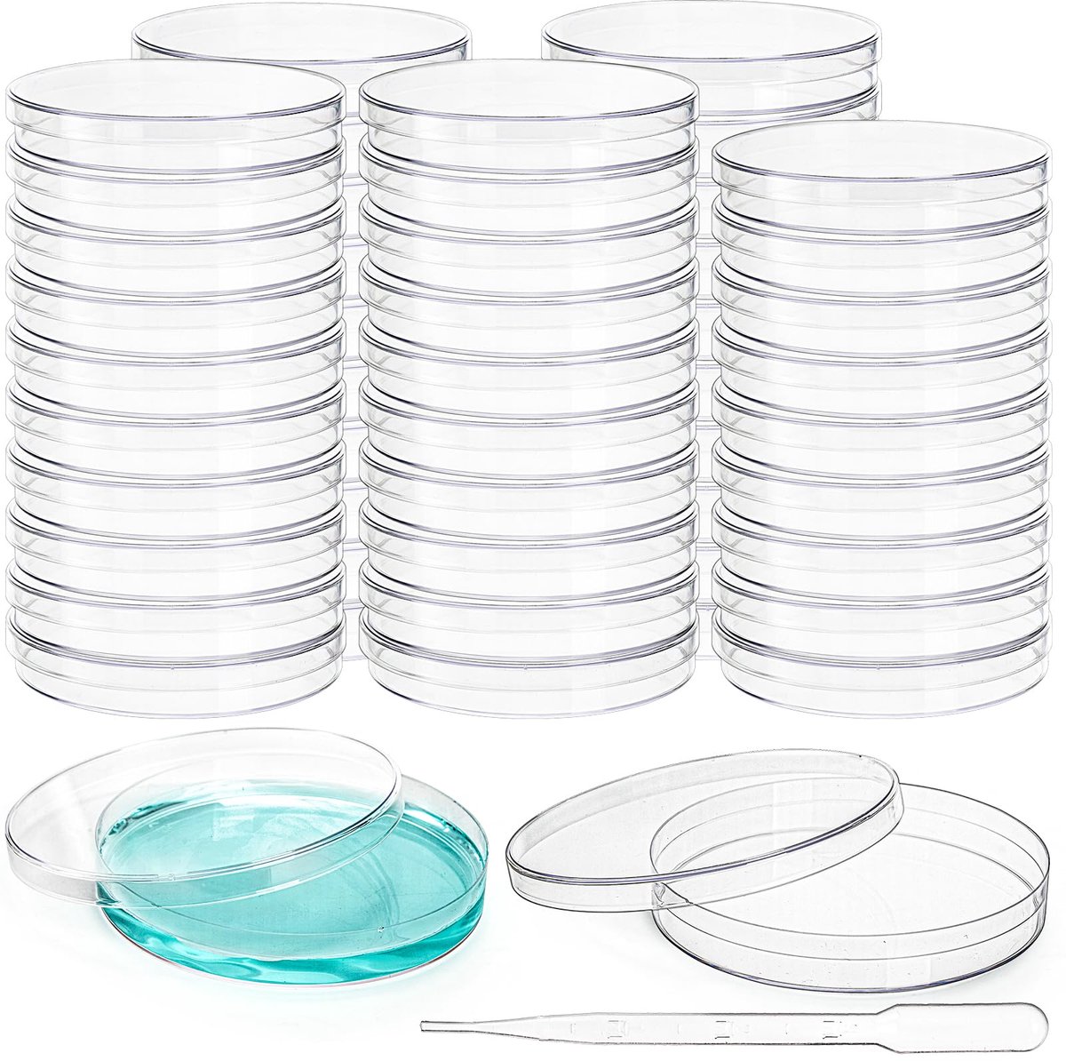 Elzusha- Petrischalen 50 stuks - Steriele Bacteriecultuur Schaal - Kunststof met Deksel - 90 mm x 15 mm - Transparant - Inclusief Druppelaar - Kweekschaal