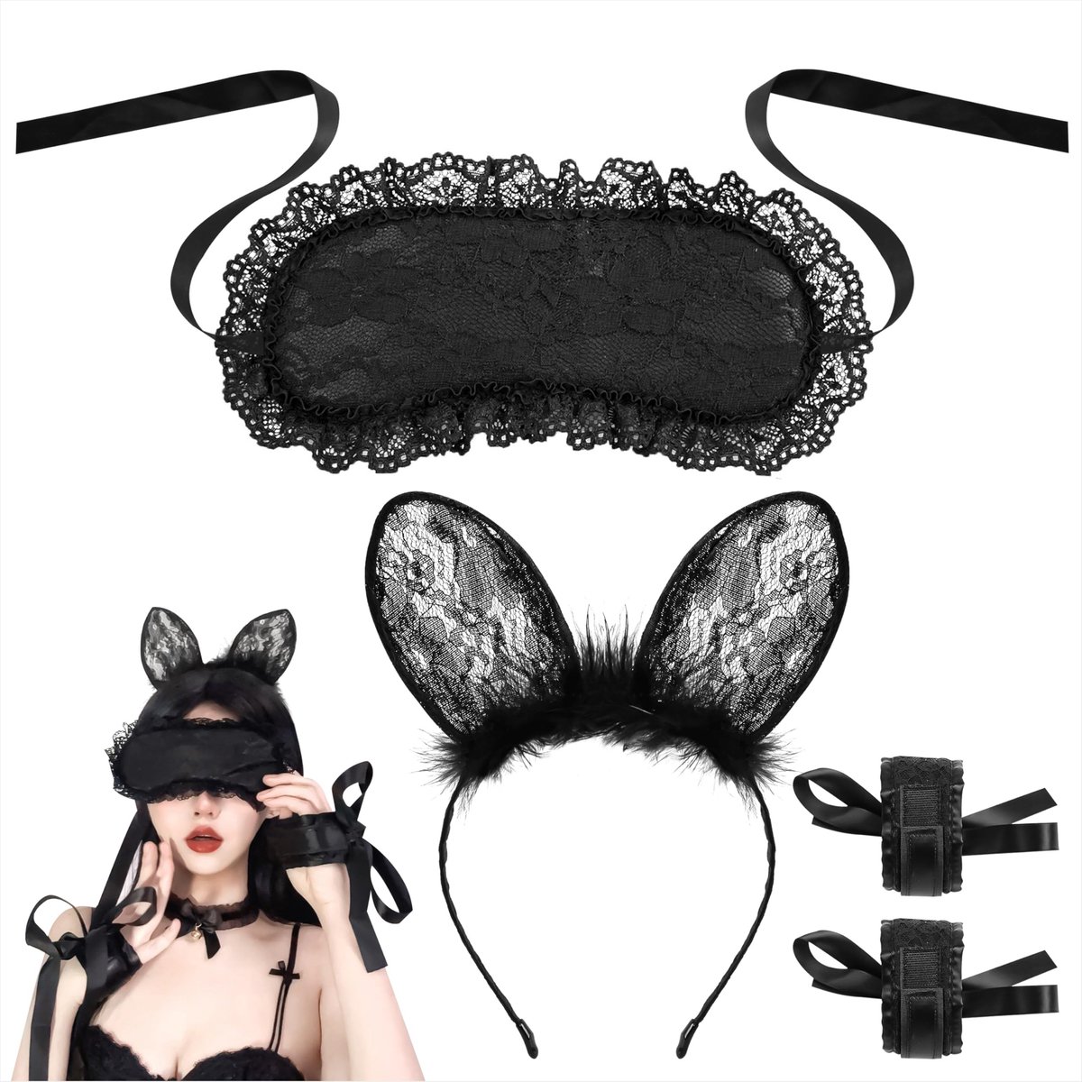 Elzusha - Sexy Bunny Kostuum met Oogmasker en Konijnenoren, Set van 3