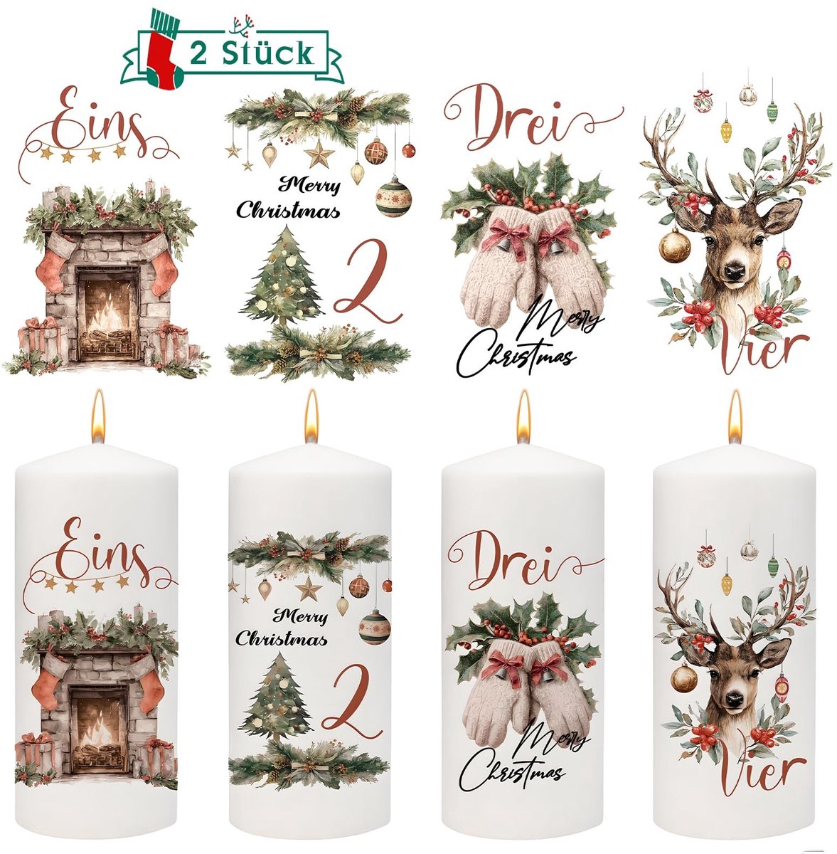 Elzusha - Set van 2 Adventskaars Stickers met Herten en Haard - Kerstdecoratie