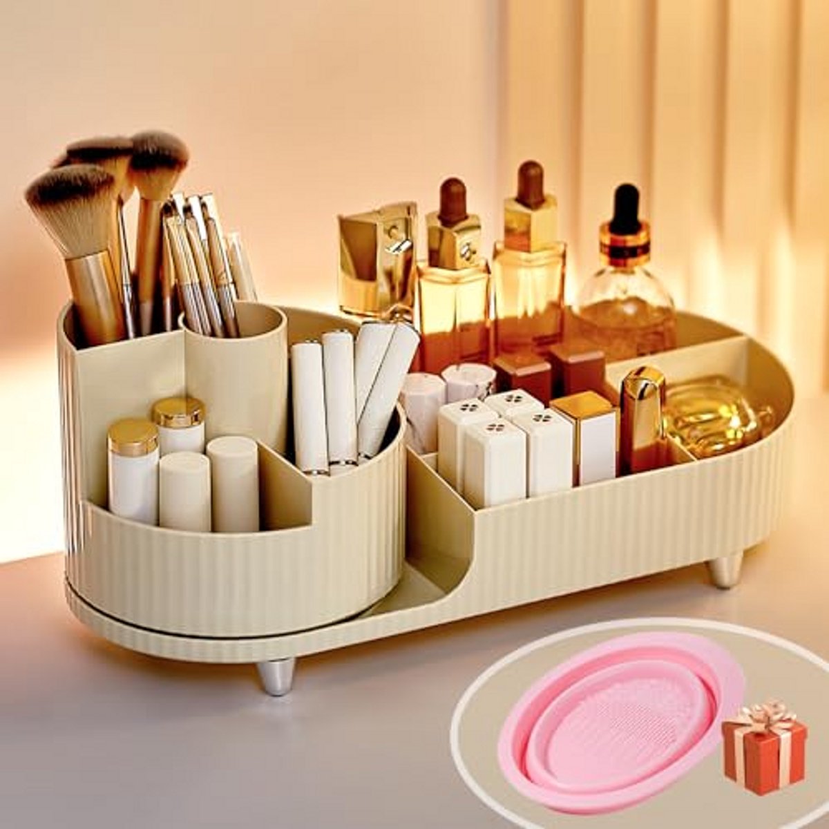 Make-up Organizer 360° Draaibaar, 2-in-1 met Vakken, Cosmetica- en Skincare Opberger voor Kaptafel en Badkamer, Beige