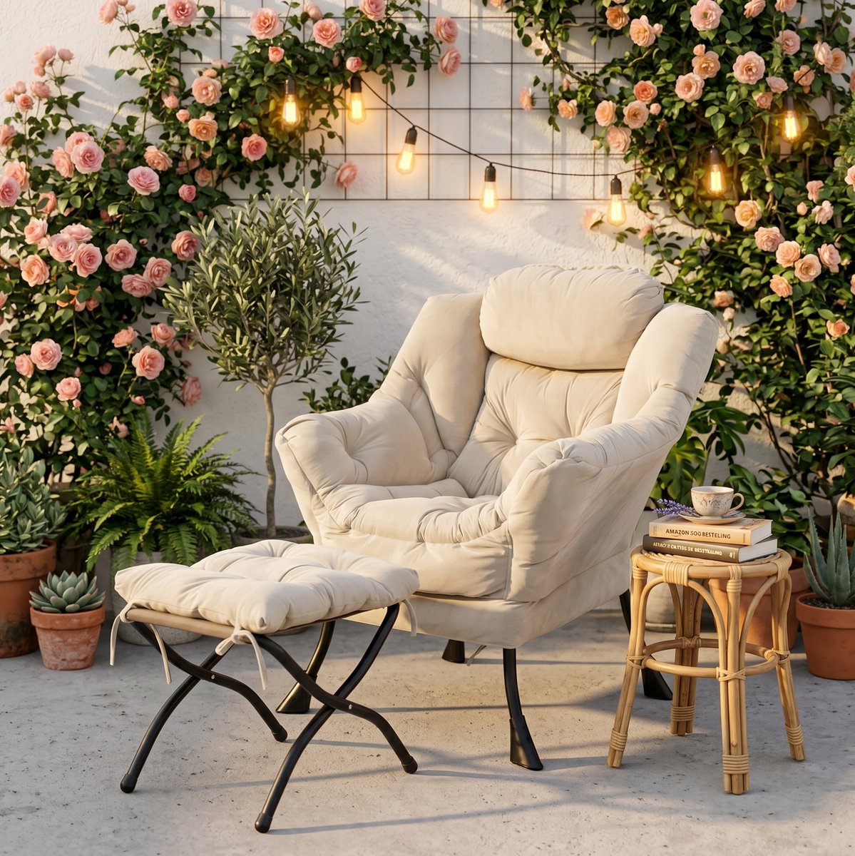 Wishdor Fauteuil met hocker - Met armleuningen en zijvak - Comfortabele voetsteun - Beige stof en metaal - Woonkamer slaapkamer kantoor - 72 x 80 x 93 cm