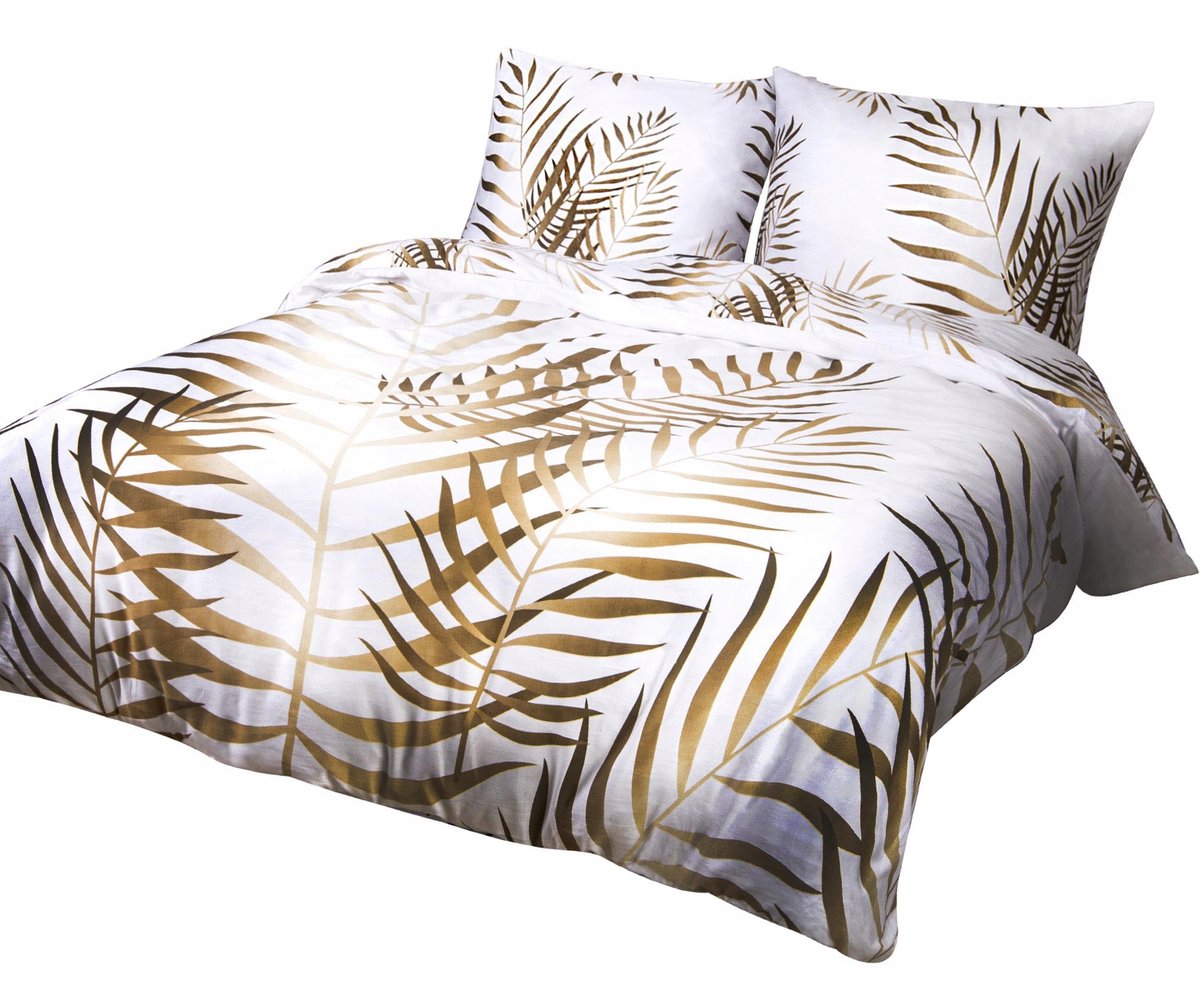 Katoenen satijnen dekbedovertrek 220x200 met bladeren, wit/beige