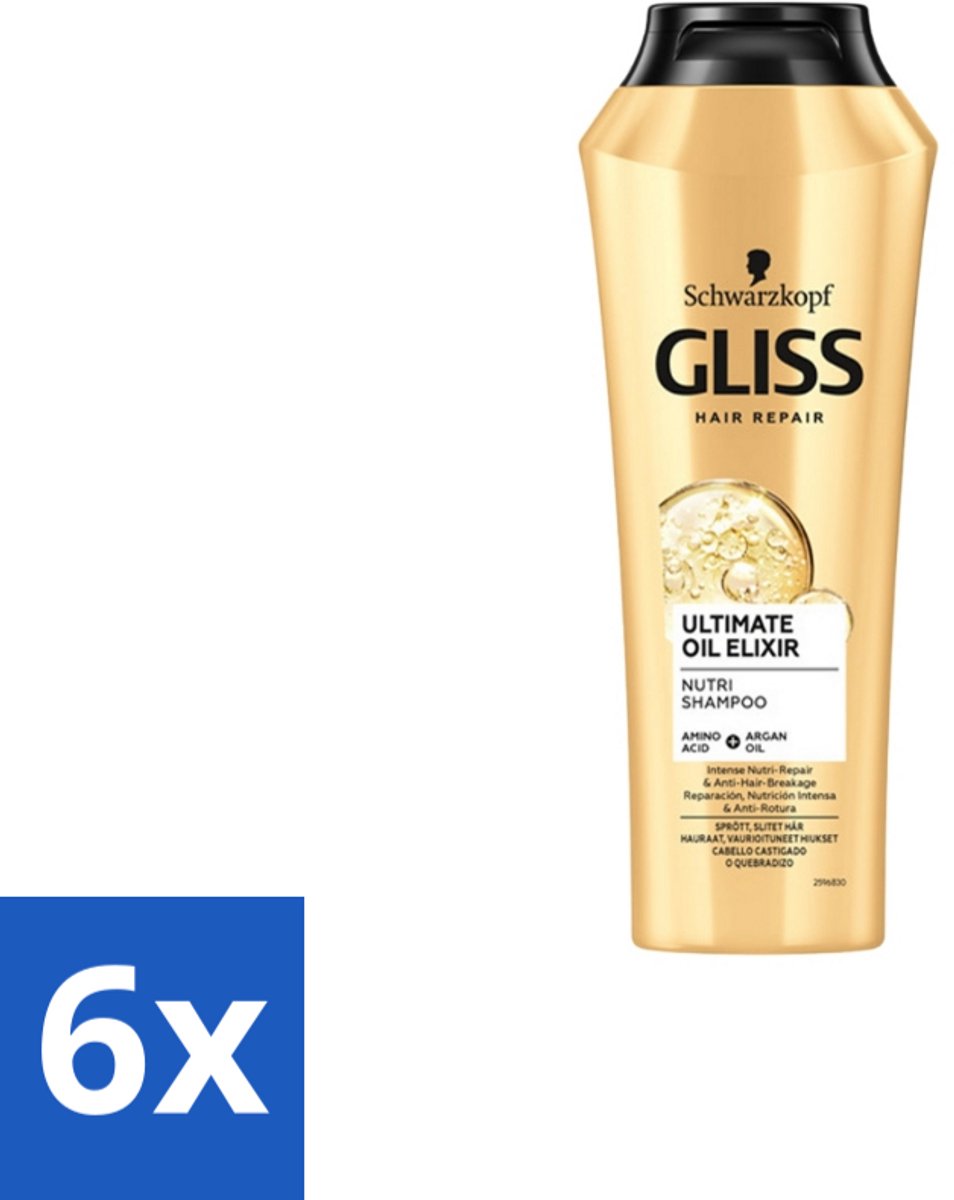 6 x Gliss Kur – Shampoo – Ultimate Oil Elixir – 250 ml - Droog Haar - Beschadigd Haar - Voedend Shampoo - Herstel Shampoo - Keratine Shampoo